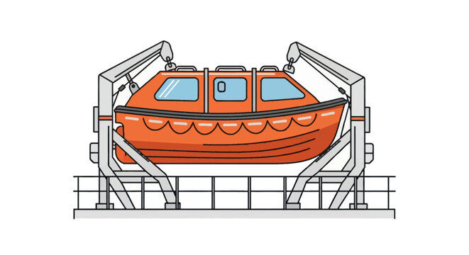 Side view vector illustration of an orange enclosed lifeboat suspended on gray launching davits. Maritime emergency safety equipment isolated on a white background.