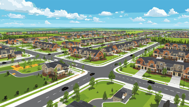 Aerial view of a modern suburban residential neighborhood with numerous houses, streets, and green spaces under a clear blue sky.