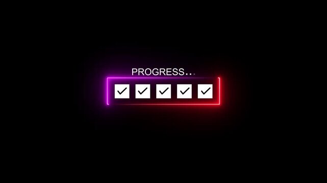 Progress bar with checkmarks and empty box on black background with blue neon glow checkbox task Motion graphics of concept animation 4k video