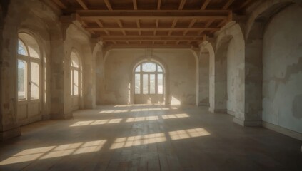 Obraz premium Empty historic hall with wooden ceiling and arched windows.