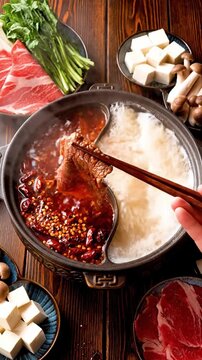 Sichuan Hot Pot Traditional Chinese Food On Wood Table Background