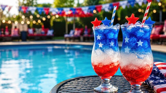 Patriotic red white and blue frozen cocktails by a swimming pool for Fourth of July celebrations. USA Independence Day, festive summer drinks, party and holiday concept