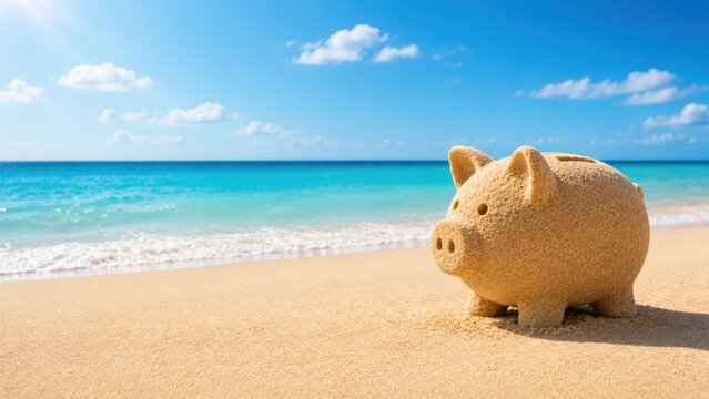 Piggy bank on a tropical beach symbolizing vacation savings and travel budgeting. Holiday planning, personal finance, saving money and summer travel concept