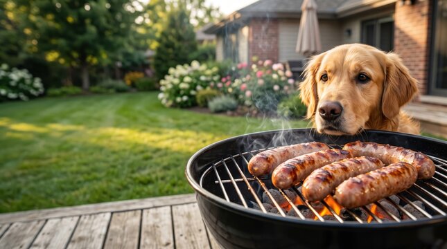 Sad golden retriever begging for grilled sausages at a backyard barbecue. Hungry dog waiting for food during a summer family cookout. Pet temptation, outdoor grilling and weekend lifestyle concept