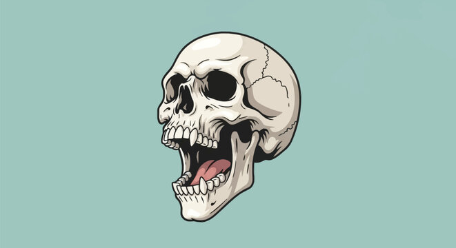 Side view vector illustration of an anatomical human skull with open jaw screaming, showing teeth and tongue, isolated on a solid light blue background for creative project.
