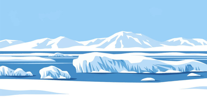 Vector illustration of an Arctic winter landscape featuring snow-covered mountain peaks in the background, icebergs and ice floes floating in blue sea water, and white snow in foreground.