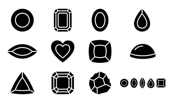 Gemstone Cut Silhouette Icon Set with Diamond, Emerald, Oval, Pear, Marquise and Precious Stone Shapes