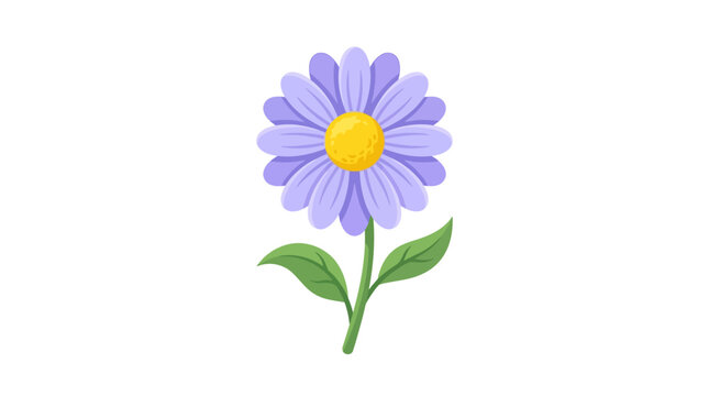 Cute Purple Daisy Flower with Green Leaves Isolated on White Background