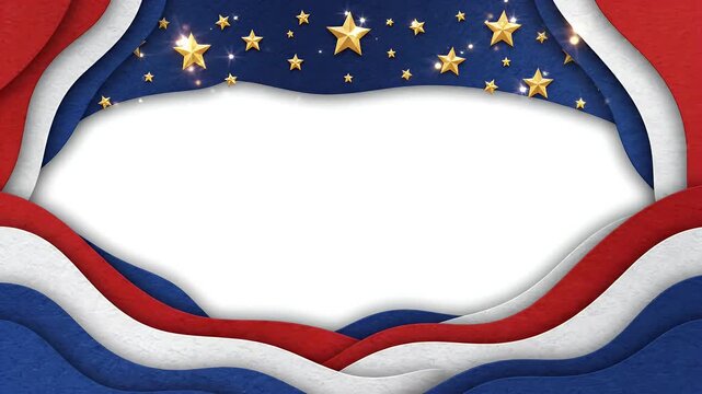 Red White Blue Paper Cut Waves Stars Copy Space Background - A layered, paper-cut effect background features undulating waves of red, white, and blue, reminiscent of the American flag.