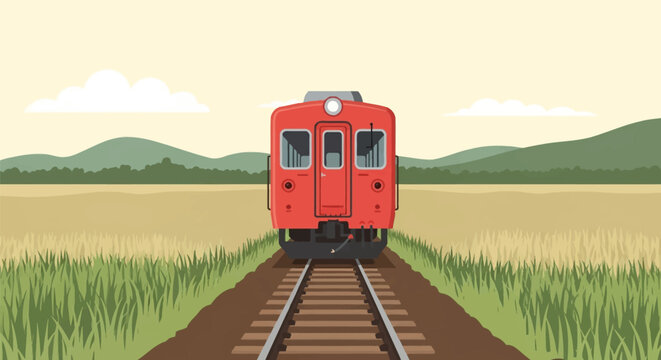 Vector illustration of a red diesel train traveling through Kushiro Marsh wetlands in Hokkaido, Japan, featuring railway tracks, green and gold grass, distant hills and clouds.