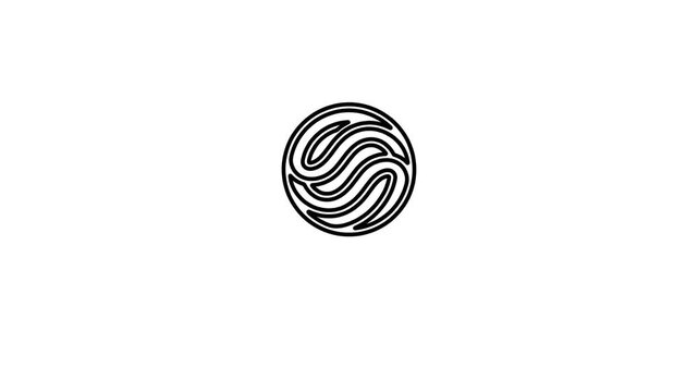 A logo design of a stylized swirling sphere on a white background