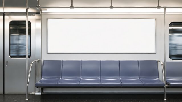 blank horizontal banner displayed above blue seats inside a modern subway carriage with clean metal surfaces, public transport advertising mockup, concept of marketing, transit media, graphic design