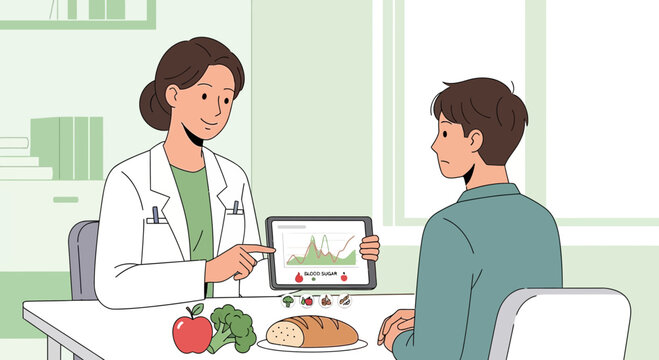Dietitian advising patient on healthy eating and nutrition using tablet