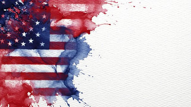 Patriotic Watercolor Flag Splash Background - A patriotic watercolor flag design features splashes of red and blue paint forming stars and stripes against a clean white background.