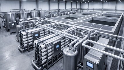 Fototapeta premium Modern water treatment plant interior with reverse osmosis filtration system stainless steel tanks pipes and control panels showing industrial purification and wastewater processing technology