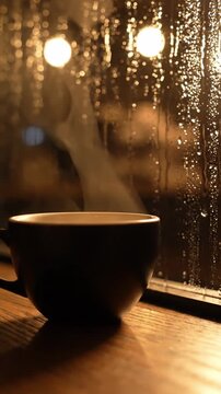 Premium Shot Of Warm Coffee Shop Ambiance With A Dark Simple Coffee Mug On A Wooden Table Beside A Rain Streaked Window Cozy Cafe Atmosphere