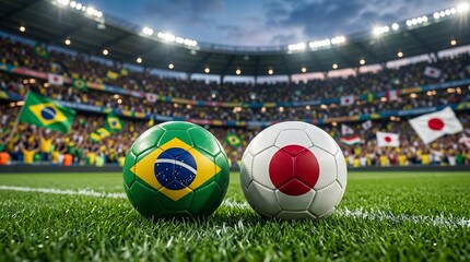 Obraz premium Brazil vs Japan Soccer Balls on Stadium Field with National Flags, International Football Match Concept