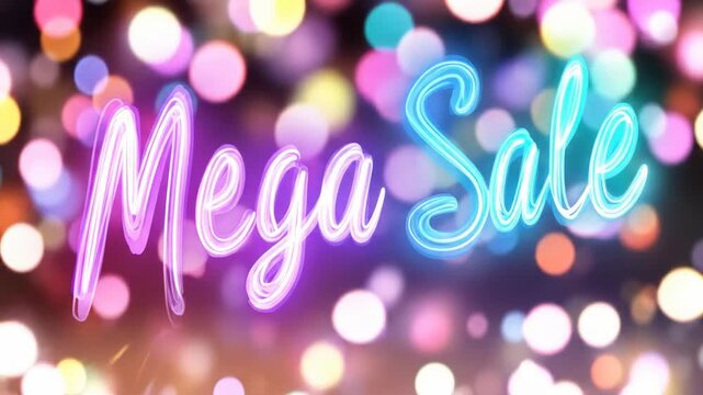 Vibrant mega sale neon sign with colorful bokeh background for shopping promotions