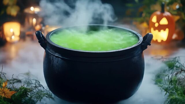 Mysterious steaming cauldron with green potion in enchanted forest atmosphere