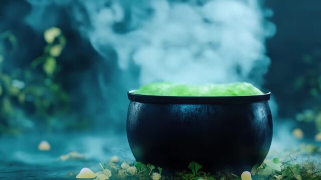 Mysterious steaming cauldron with green potion in enchanted forest atmosphere