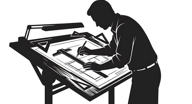 Focused silhouette of a designer working at a drafting board