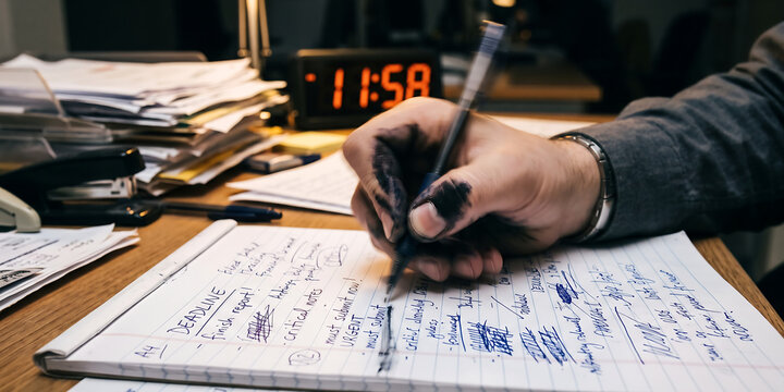 Exhausted employee writing urgent notes on messy desk with deadline clock showing midnight and black ink stains on hand and documents.