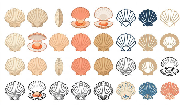 Seashell Collection Colorful Scallop Shells and Clams Vector Illustration Isolated on White Background