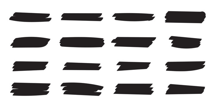 Black line marker stroke underline and highlight brush effect set, handwritten vector underline elements. Isolated on white background. Vector illustration. Eps10