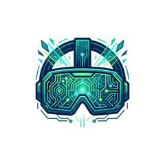 Fototapeta premium Futuristic VR headset logo with circuit board patterns and glowing green-blue accents, symbolizing metaverse, gaming, and advanced technology.