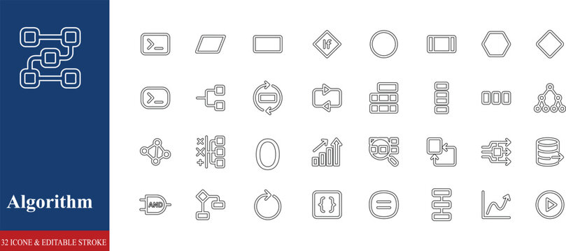 Algorithm Outline Icon Set. AI, Machine Learning, Data Processing, Programming Logic, Automation, and Analytics Editable Stroke Vector Icons on transparent background