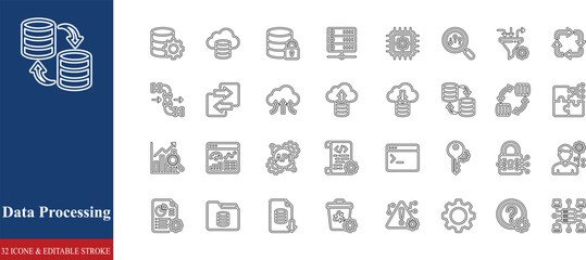 Data Processing Editable Stroke Icon Set. Data Management, Information Flow, AI, Automation, Cloud Computing, and Analytics Vector  and analytics editable stroke © mst