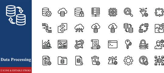 Data Processing Monoline Icon Set. Data Management, Information Flow, AI, Automation, Cloud Computing, and Analytics Thick Line Vector Icons on transparent background © mst