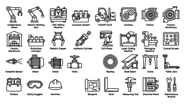 Professional Manufacturing Line Icon Collection with Factory Machinery Robotic Arm CNC Equipment and Industrial Symbols
