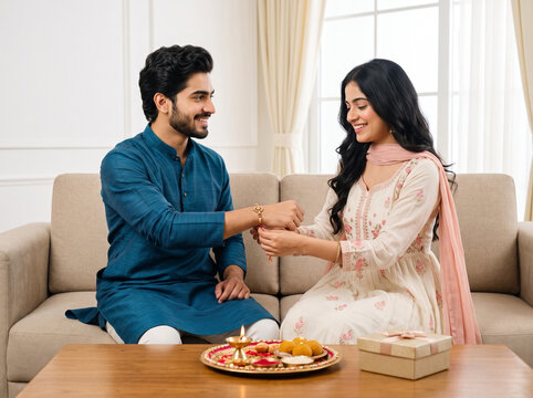 young indian sister tying rakhi on brother wrist during traditional raksha bandhan celebration with festive thali sweets and gift box in modern home