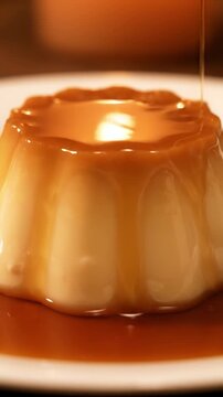 Creamy Caramel Flan With Amber Syrup Pooling Around Smooth Base In Warm Golden Lighting Silky Classic Dessert Commercial