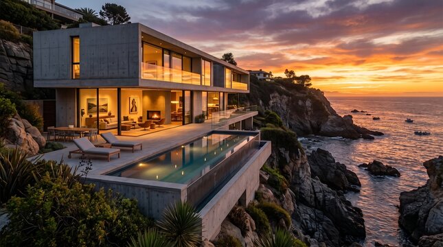 Modern luxury concrete villa with infinity pool overlooking the ocean at sunset