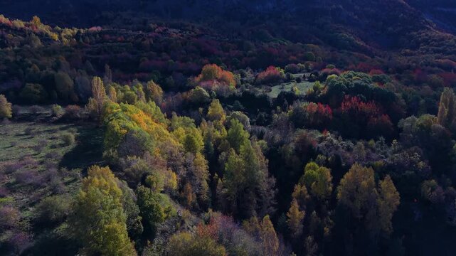 Aerial drone view of the autumn landscape of the mountains surrounding Hoz de Jaca in the Tena Valley, Alto Gallego region, Huesca, Aragon, Spain, Europe