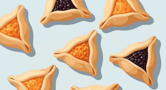 Flat lay vector illustration of traditional Hamantaschen cookies with poppy seed and fruit jam fillings on a light blue background for Jewish holiday Purim celebration.