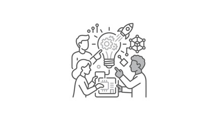 Naklejka premium Brainstorming team launching rocket with lightbulb idea.