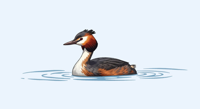 Vector illustration of a Great Crested Grebe swimming on calm water, showing distinctive orange and black head frills, long white neck, and dark patterned feathers on a plain background.