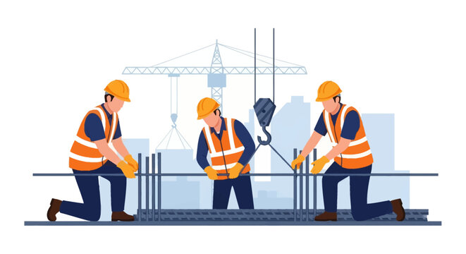 Three construction workers in safety vests and hard hats tying steel rebar on a building site with a crane and city skyline in the background, flat vector illustration.