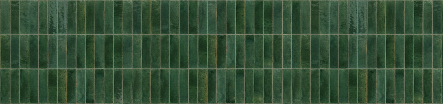 Emerald green glazed mosaic ceramic tiles arranged in a stacked vertical running bond pattern