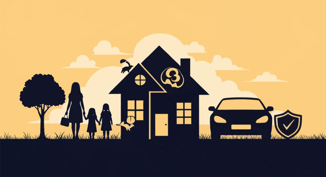 Silhouette of a mother and two children holding hands near a house and car with a protective shield icon, representing family home and auto insurance coverage on a yellow background.