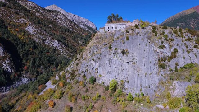 Aerial view from a drone of the Coll de Ladrones Fort (19th century) in the municipality of Canfranc. Jacetania region. Province of Huesca. Autonomous Community of Aragon. Spain. Europe