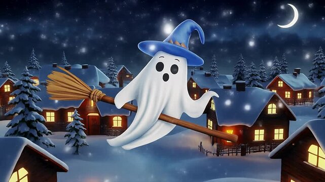 Cute ghost flying witch halloween over a snowy winter village