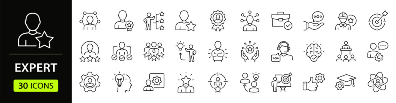 Expert Web Icon Set in Linear Style. Collection of Expert advice line icons, including expertise, knowledge, specialist, skill, advice, mastery, mentor and more. Editable stroke