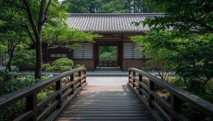Obraz premium 夏の緑に囲まれた旅館の木の橋と庭を写した風景