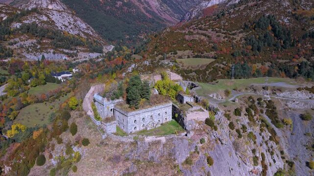 Aerial view from a drone of the Coll de Ladrones Fort (19th century) in the municipality of Canfranc. Jacetania region. Province of Huesca. Autonomous Community of Aragon. Spain. Europe