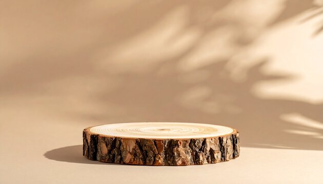 Brown Round rustic Wooden log platform podium on Beige pale light studio background. Minimal empty display product presentation scene.