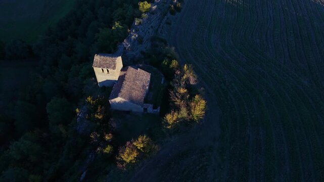 Aerial view from a drone of the Church of San F&eacute;lix in Rap&uacute;n, in the municipality of Sabi&ntilde;a&ntilde;igo, Alto Gallego region, province of Huesca, Autonomous Community of Aragon, Spain, Europe